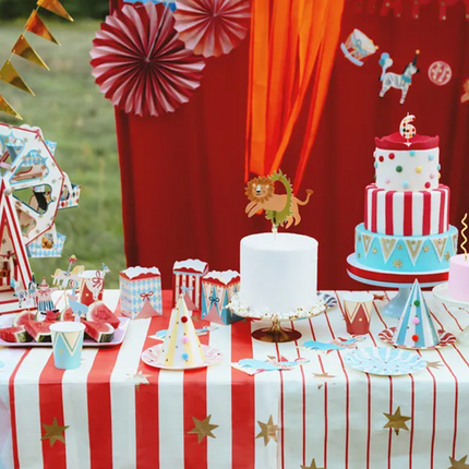 Paper tablecloth, golden stripes with stars, 180 x 120 cm