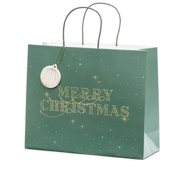 Torebka na prezenty Merry Christmas, butelkowa zieleń, 32.5x26.5x11.5cm - Yooglo